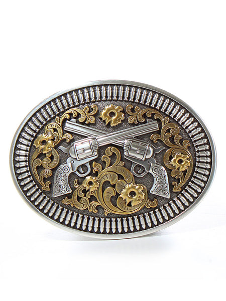 Nocona 37009 Oval Floral Revolvers Buckle Silver & Gold front view. If you need any assistance with this item or the purchase of this item please call us at five six one seven four eight eight eight zero one Monday through Saturday 10:00a.m EST to 8:00 p.m EST
