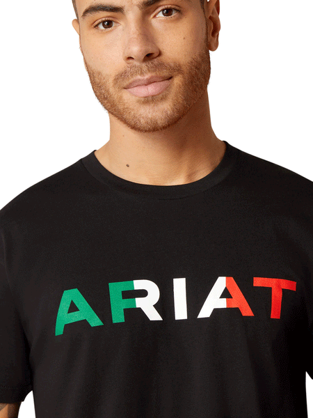 Ariat 10036630 Mens Viva Mexico Short Sleeve Tee Black front close up. If you need any assistance with this item or the purchase of this item please call us at five six one seven four eight eight eight zero one Monday through Saturday 10:00a.m EST to 8:00 p.m EST