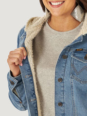 Wrangler 112317280 Womens Retro Outerwear Hooded Jacket Denim front close up. If you need any assistance with this item or the purchase of this item please call us at five six one seven four eight eight eight zero one Monday through Saturday 10:00a.m EST to 8:00 p.m EST