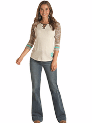 Panhandle WLWT21R0US Womens Laced Neck Raglan Tee Ecru front view. If you need any assistance with this item or the purchase of this item please call us at five six one seven four eight eight eight zero one Monday through Saturday 10:00a.m EST to 8:00 p.m EST