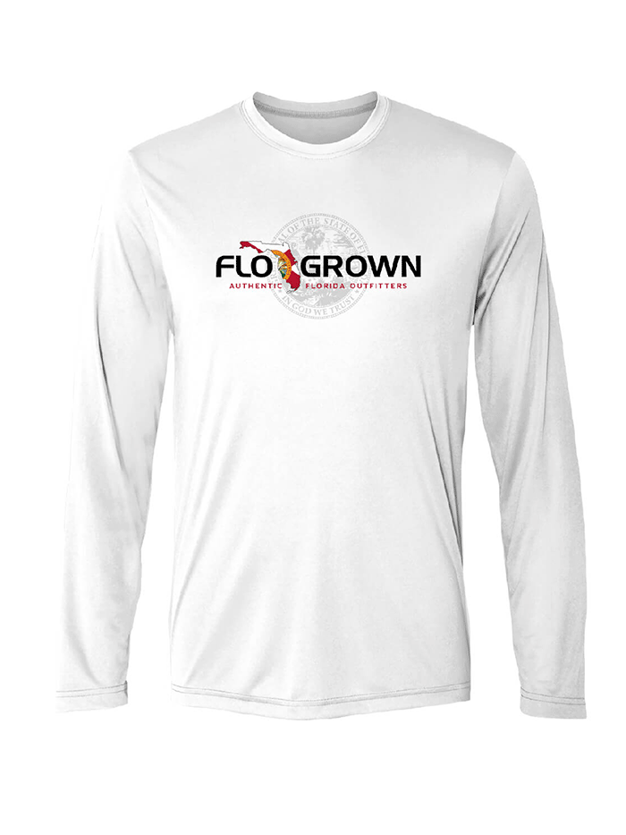 FloGrown FGP-414 Waving Flag Performance Long Sleeve Tee White back view. If you need any assistance with this item or the purchase of this item please call us at five six one seven four eight eight eight zero one Monday through Saturday 10:00a.m EST to 8:00 p.m EST