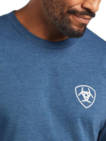 Ariat 10040869 Mens Ariat Rope Shield T-Shirt Sailor Blue Heather front view close up. If you need any assistance with this item or the purchase of this item please call us at five six one seven four eight eight eight zero one Monday through Saturday 10:00a.m EST to 8:00 p.m EST