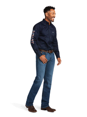 Ariat 10039438 Mens Team Logo Twill Fitted Shirt Navy Star Stripe front and side view. If you need any assistance with this item or the purchase of this item please call us at five six one seven four eight eight eight zero one Monday through Saturday 10:00a.m EST to 8:00 p.m EST