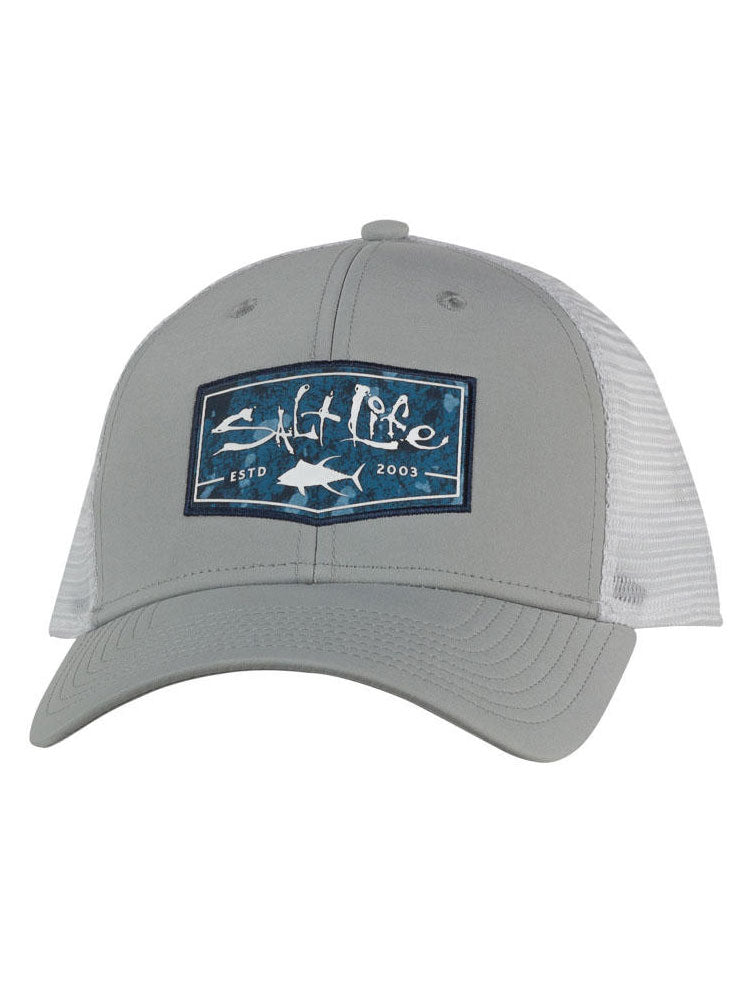 Salt Life Men's Aqua Badge Trucker Hat, Light Grey