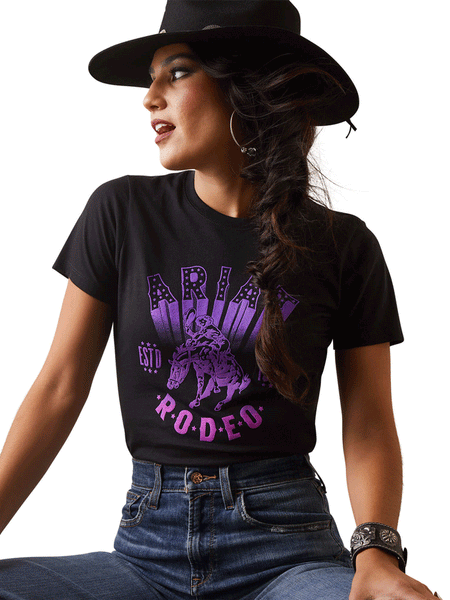 Ariat 10044614 Womens Vintage Rodeo T-Shirt Black front view. If you need any assistance with this item or the purchase of this item please call us at five six one seven four eight eight eight zero one Monday through Saturday 10:00a.m EST to 8:00 p.m EST