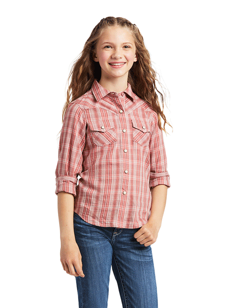 Ariat 10039508 Kids Long Sleeve Shirt Antique Rubia Plaid front view. If you need any assistance with this item or the purchase of this item please call us at five six one seven four eight eight eight zero one Monday through Saturday 10:00a.m EST to 8:00 p.m EST