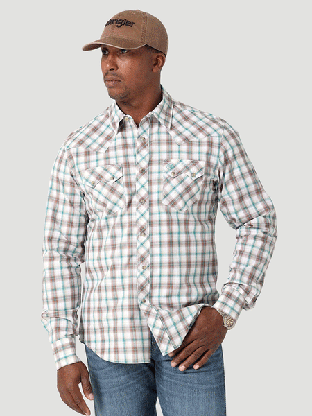 Wrangler 112317120 Mens Retro Long Sleeve Plaid Shirt Greenhouse front view. If you need any assistance with this item or the purchase of this item please call us at five six one seven four eight eight eight zero one Monday through Saturday 10:00a.m EST to 8:00 p.m EST