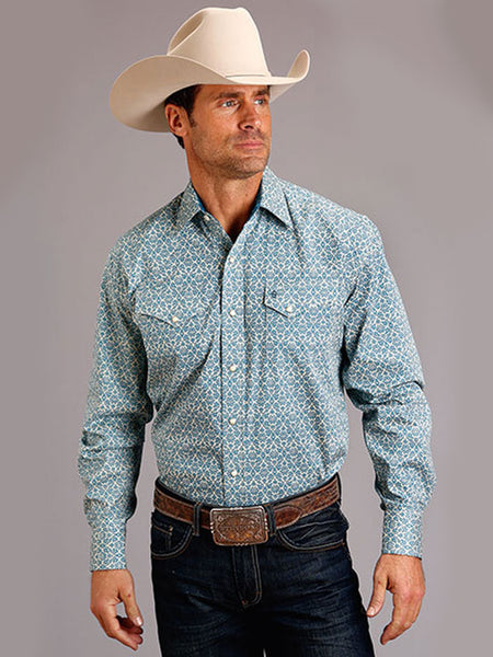 Stetson 11-001-0425-6060 Mens Vintage Pattern On Cotton Poplin Blue front view. If you need any assistance with this item or the purchase of this item please call us at five six one seven four eight eight eight zero one Monday through Saturday 10:00a.m EST to 8:00 p.m EST