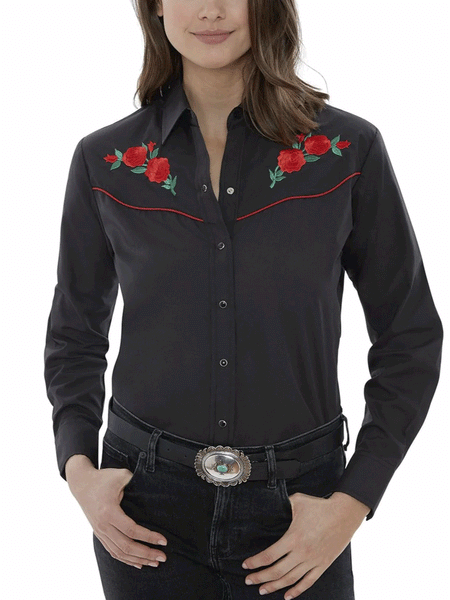 Ely Cattleman 15303801-88 Womens Red Rose Embroidery Long Sleeve Western Shirt Black front view tucked in. If you need any assistance with this item or the purchase of this item please call us at five six one seven four eight eight eight zero one Monday through Saturday 10:00a.m EST to 8:00 p.m EST