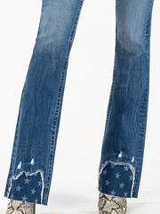 Miss Me M3636B61 Womens Mid-Rise Bootcut Jeans Medium Blue bottom detail. If you need any assistance with this item or the purchase of this item please call us at five six one seven four eight eight eight zero one Monday through Saturday 10:00a.m EST to 8:00 p.m EST