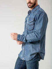 Kimes Ranch GRIMES Mens Long Sleeve Snap Denim Shirt Dark Indigo side view. If you need any assistance with this item or the purchase of this item please call us at five six one seven four eight eight eight zero one Monday through Saturday 10:00a.m EST to 8:00 p.m EST