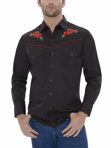 Ely Cattleman 15203901-88 Mens Rose Embroidery Long Sleeve Western Shirt Black front view untucked. If you need any assistance with this item or the purchase of this item please call us at five six one seven four eight eight eight zero one Monday through Saturday 10:00a.m EST to 8:00 p.m EST