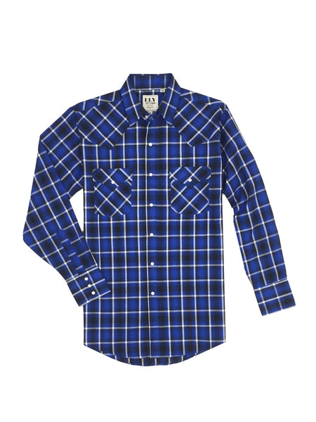 Ely Cattleman E1F202907-NV Mens Long Sleeve Plaid Shirt Navy front view. If you need any assistance with this item or the purchase of this item please call us at five six one seven four eight eight eight zero one Monday through Saturday 10:00a.m EST to 8:00 p.m EST
