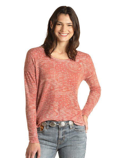 Panhandle WLWT52R0TO Ladies Bandana Print Sweater Top Orange front view. If you need any assistance with this item or the purchase of this item please call us at five six one seven four eight eight eight zero one Monday through Saturday 10:00a.m EST to 8:00 p.m EST