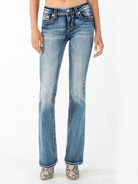 Miss Me M3853B Womens Mid-Rise Boot Jean Horseshoe Light Blue front view. If you need any assistance with this item or the purchase of this item please call us at five six one seven four eight eight eight zero one Monday through Saturday 10:00a.m EST to 8:00 p.m EST