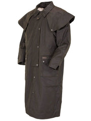 Outback Trading Company 2042-BRN Oilskin Low Rider Duster Brown front and side view. If you need any assistance with this item or the purchase of this item please call us at five six one seven four eight eight eight zero one Monday through Saturday 10:00a.m EST to 8:00 p.m EST
