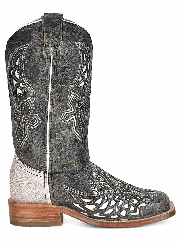 Corral A4333 Ladies Inlay And Embroidery Square Toe Western Boot Black And White side and front view. If you need any assistance with this item or the purchase of this item please call us at five six one seven four eight eight eight zero one Monday through Saturday 10:00a.m EST to 8:00 p.m EST