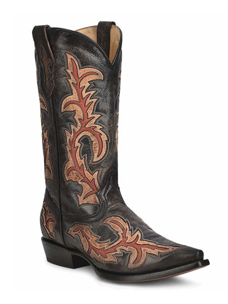 Corral C3883 Mens Inlay And Embroidery Cowboy Boots Black And Red side and front view. If you need any assistance with this item or the purchase of this item please call us at five six one seven four eight eight eight zero one Monday through Saturday 10:00a.m EST to 8:00 p.m EST