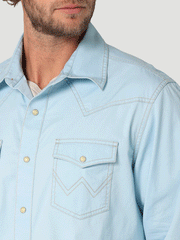 Wrangler 112324804 Mens Retro Long Sleeve Shirt Cool Blue front close up. If you need any assistance with this item or the purchase of this item please call us at five six one seven four eight eight eight zero one Monday through Saturday 10:00a.m EST to 8:00 p.m EST