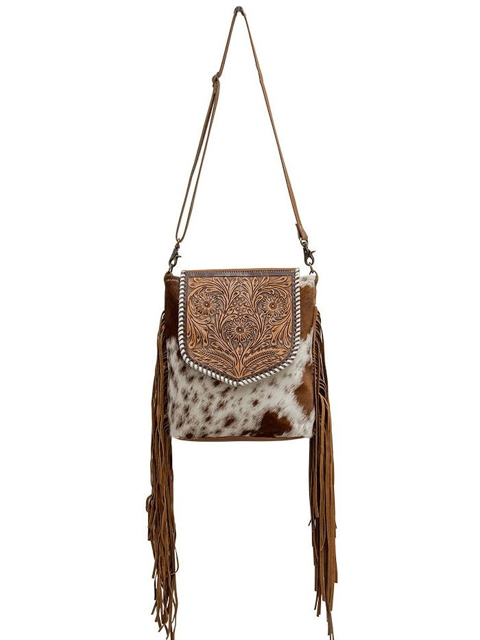 Myra Bag S-6768 Womens Squander Hand Tooled Bag Brown front view standing. If you need any assistance with this item or the purchase of this item please call us at five six one seven four eight eight eight zero one Monday through Saturday 10:00a.m EST to 8:00 p.m EST