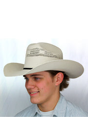Dallas Hats PHO 01 Cattleman Bangora Straw Hat Natural side view on male model. If you need any assistance with this item or the purchase of this item please call us at five six one seven four eight eight eight zero one Monday through Saturday 10:00a.m EST to 8:00 p.m EST