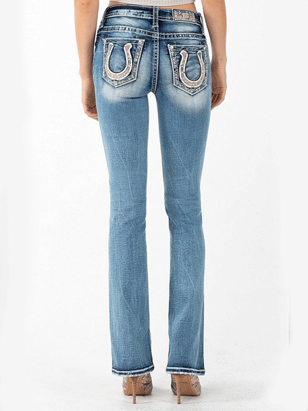 Miss Me M3853B Womens Mid-Rise Boot Jean Horseshoe Light Blue back view. If you need any assistance with this item or the purchase of this item please call us at five six one seven four eight eight eight zero one Monday through Saturday 10:00a.m EST to 8:00 p.m EST