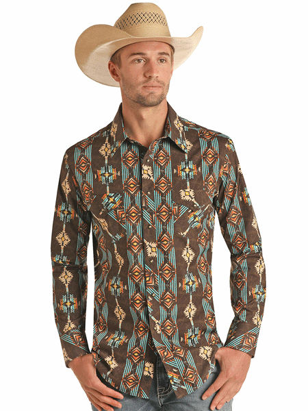 Rock & Roll Denim B2S3321 Mens Long Sleeve Aztec Print Snap Shirt Brown front view