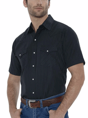 Ely Cattleman 15201634-89 Mens Short Sleeve Tone On Tone Western Shirt Black front view tucked in. If you need any assistance with this item or the purchase of this item please call us at five six one seven four eight eight eight zero one Monday through Saturday 10:00a.m EST to 8:00 p.m EST