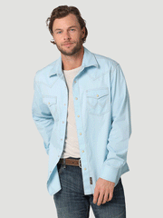 Wrangler 112324804 Mens Retro Long Sleeve Shirt Cool Blue front view. If you need any assistance with this item or the purchase of this item please call us at five six one seven four eight eight eight zero one Monday through Saturday 10:00a.m EST to 8:00 p.m EST