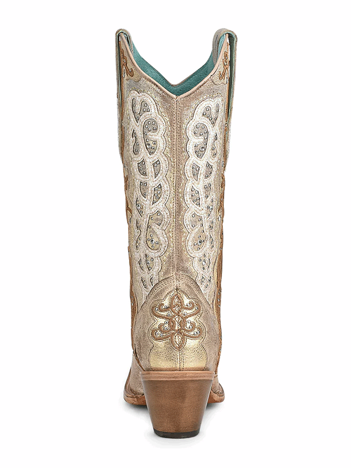 Corral C3895 Ladies Overlay Embroidered And Studs Boot Gold Bone side-front view. If you need any assistance with this item or the purchase of this item please call us at five six one seven four eight eight eight zero one Monday through Saturday 10:00a.m EST to 8:00 p.m EST