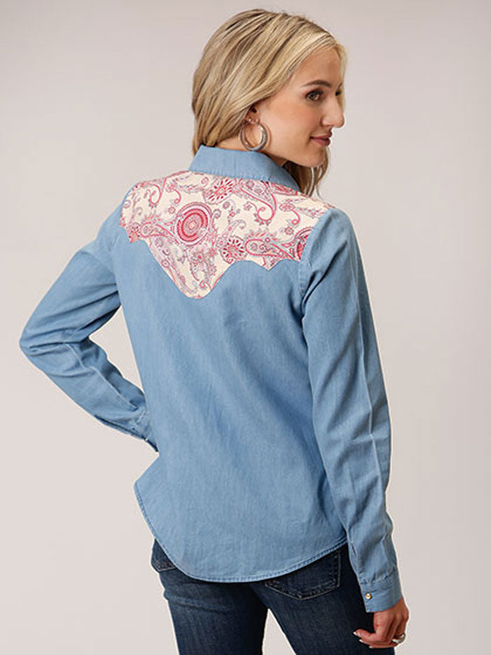 Roper 03-050-0594-3030 Womens Long Sleeve Denim Retro Shirt Blue front view. If you need any assistance with this item or the purchase of this item please call us at five six one seven four eight eight eight zero one Monday through Saturday 10:00a.m EST to 8:00 p.m EST