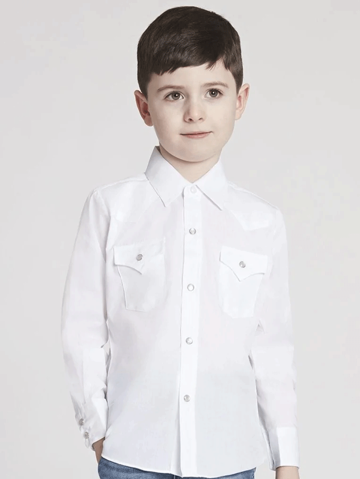 Ely Cattleman 15101132 Kids Long Sleeve Solid Western Shirt White front view. If you need any assistance with this item or the purchase of this item please call us at five six one seven four eight eight eight zero one Monday through Saturday 10:00a.m EST to 8:00 p.m EST