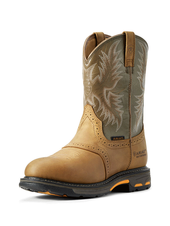 Ariat 10008633 Mens WorkHog Waterproof Work Boot Aged Bark front and side view. If you need any assistance with this item or the purchase of this item please call us at five six one seven four eight eight eight zero one Monday through Saturday 10:00a.m EST to 8:00 p.m EST