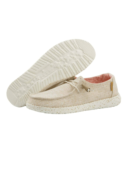 Hey Dude 121410121 Womens Wendy Shoe Chambray White Nut side and sole view. If you need any assistance with this item or the purchase of this item please call us at five six one seven four eight eight eight zero one Monday through Saturday 10:00a.m EST to 8:00 p.m EST
