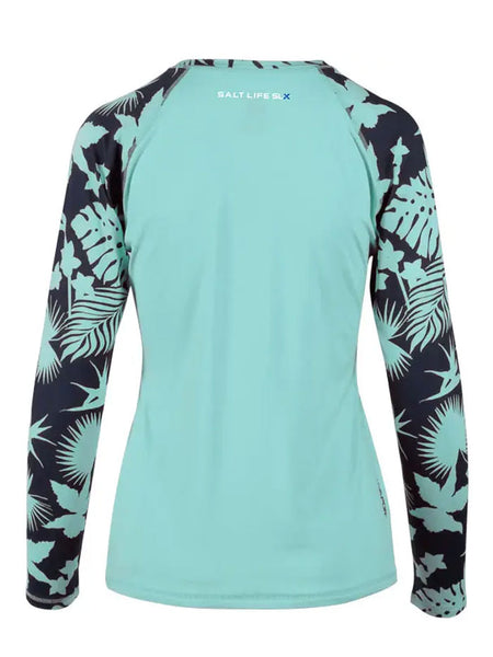 Salt Life SLJ6052 Womens Escapism Long Sleeve Performance Tee Light Aruba Heather back view. If you need any assistance with this item or the purchase of this item please call us at five six one seven four eight eight eight zero one Monday through Saturday 10:00a.m EST to 8:00 p.m EST