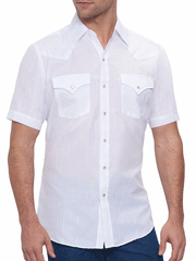 Ely Cattleman 15201634-01 Mens Short Sleeve Tone On Tone Western Shirt White front view untucked. If you need any assistance with this item or the purchase of this item please call us at five six one seven four eight eight eight zero one Monday through Saturday 10:00a.m EST to 8:00 p.m EST
