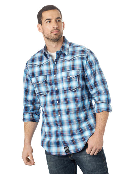 Wrangler 10MRC429B Mens Rock 47 Snap Plaid Long Sleeve Western Shirt Blue front view. If you need any assistance with this item or the purchase of this item please call us at five six one seven four eight eight eight zero one Monday through Saturday 10:00a.m EST to 8:00 p.m EST