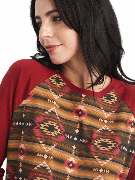 Ariat 10042604 Womens Long Sleeve Pajama Set Southwest Style Print Red close up front view. If you need any assistance with this item or the purchase of this item please call us at five six one seven four eight eight eight zero one Monday through Saturday 10:00a.m EST to 8:00 p.m EST