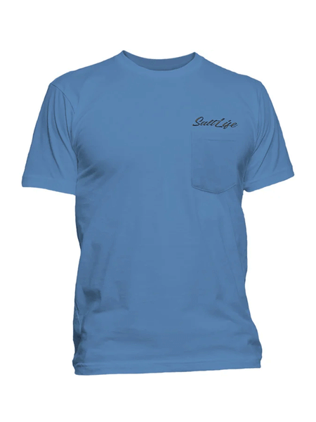 Salt Life SLM10961 Mens Golden Hour Short Sleeve Pocket Tee Chambray front view. If you need any assistance with this item or the purchase of this item please call us at five six one seven four eight eight eight zero one Monday through Saturday 10:00a.m EST to 8:00 p.m EST