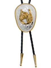 Western Express BT-227 Horse Head in Horseshoe German Silver Oval Bolo Tie Gold And Silver front view. If you need any assistance with this item or the purchase of this item please call us at five six one seven four eight eight eight zero one Monday through Saturday 10:00a.m EST to 8:00 p.m EST