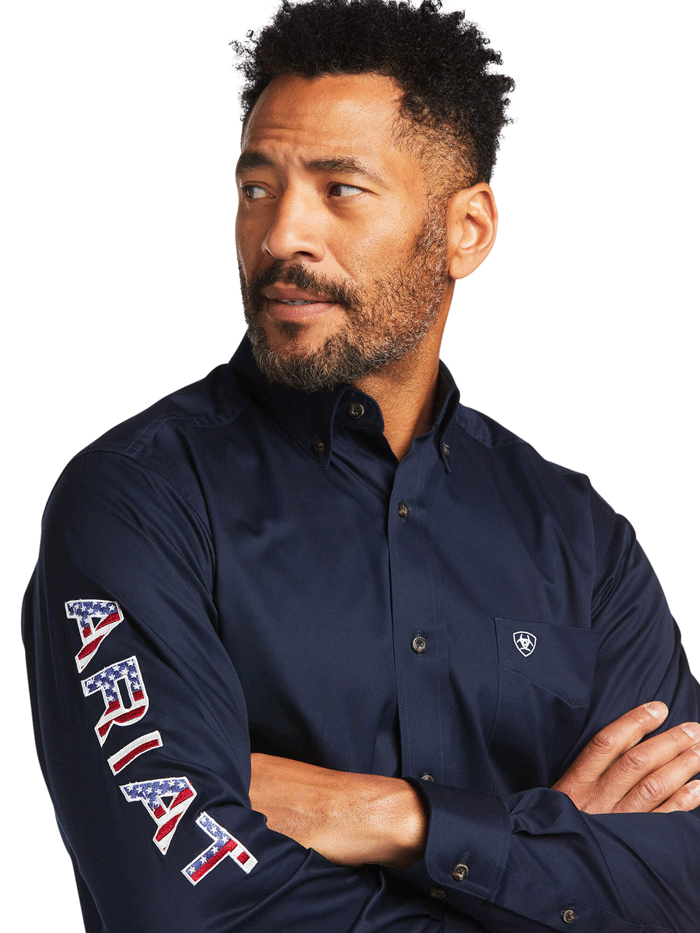 Ariat 10039438 Mens Team Logo Twill Fitted Shirt Navy Star Stripe front view. If you need any assistance with this item or the purchase of this item please call us at five six one seven four eight eight eight zero one Monday through Saturday 10:00a.m EST to 8:00 p.m EST