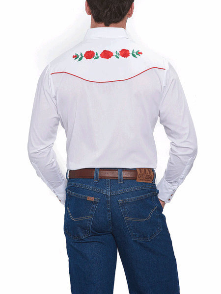 Ely Cattleman 15203901-06 Mens Red Rose Embroidery Long Sleeve Western Shirt White back view. If you need any assistance with this item or the purchase of this item please call us at five six one seven four eight eight eight zero one Monday through Saturday 10:00a.m EST to 8:00 p.m EST