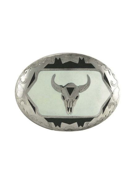 Colorado Silver Star 6005-WBB Silver Oval Skull Buckle Black And White Pearl front view. If you need any assistance with this item or the purchase of this item please call us at five six one seven four eight eight eight zero one Monday through Saturday 10:00a.m EST to 8:00 p.m EST