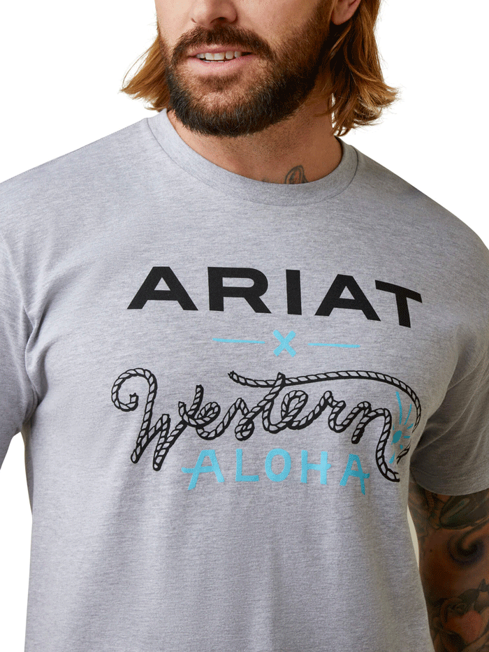 Ariat 10044011 Mens Roper Western Aloha T-Shirt Heather Grey front view. If you need any assistance with this item or the purchase of this item please call us at five six one seven four eight eight eight zero one Monday through Saturday 10:00a.m EST to 8:00 p.m EST