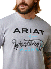 Ariat 10044011 Mens Roper Western Aloha T-Shirt Heather Grey graphic close up. If you need any assistance with this item or the purchase of this item please call us at five six one seven four eight eight eight zero one Monday through Saturday 10:00a.m EST to 8:00 p.m EST