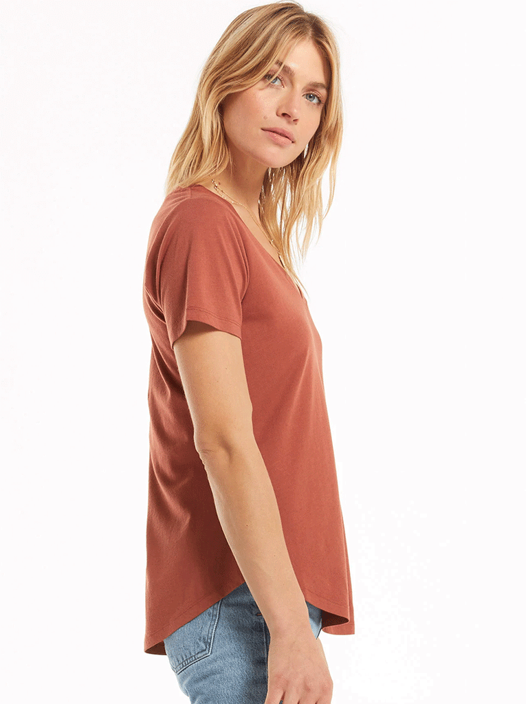 Z Supply ZT211324-RSE Womens Modal V-Neck Tee Russet front view. If you need any assistance with this item or the purchase of this item please call us at five six one seven four eight eight eight zero one Monday through Saturday 10:00a.m EST to 8:00 p.m EST
