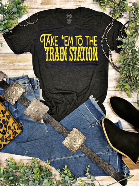Texas True 3413 Yellowstone Take Em To The Train Station T-Shirt Charcoal Black front view on display. If you need any assistance with this item or the purchase of this item please call us at five six one seven four eight eight eight zero one Monday through Saturday 10:00a.m EST to 8:00 p.m EST