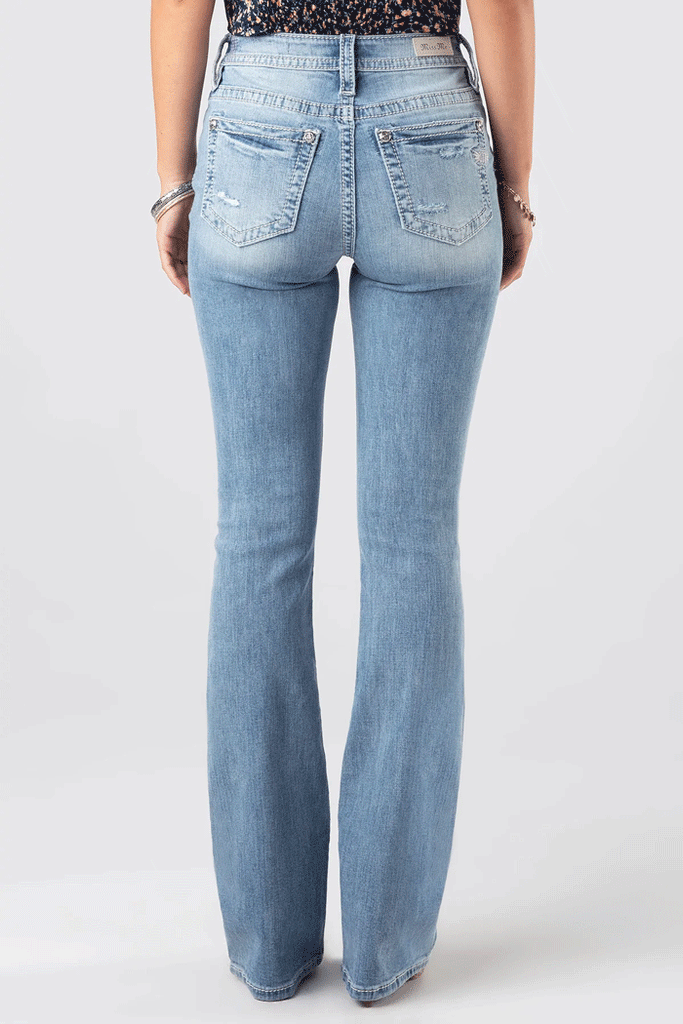 Miss Me H3636B42 Womens Classic Torn Bootcut Jeans Light Blue front view. If you need any assistance with this item or the purchase of this item please call us at five six one seven four eight eight eight zero one Monday through Saturday 10:00a.m EST to 8:00 p.m EST