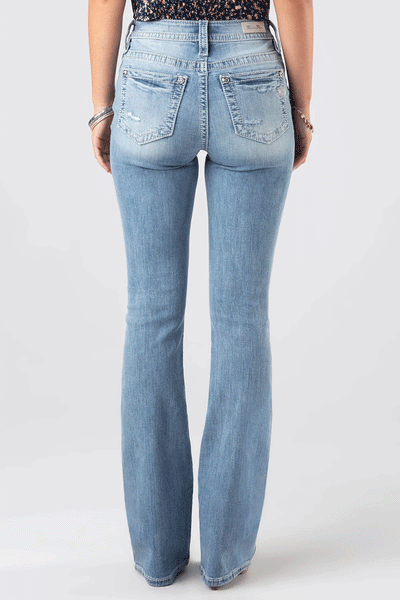 Miss Me H3636B42 Womens Classic Torn Bootcut Jeans Light Blue back view. If you need any assistance with this item or the purchase of this item please call us at five six one seven four eight eight eight zero one Monday through Saturday 10:00a.m EST to 8:00 p.m EST