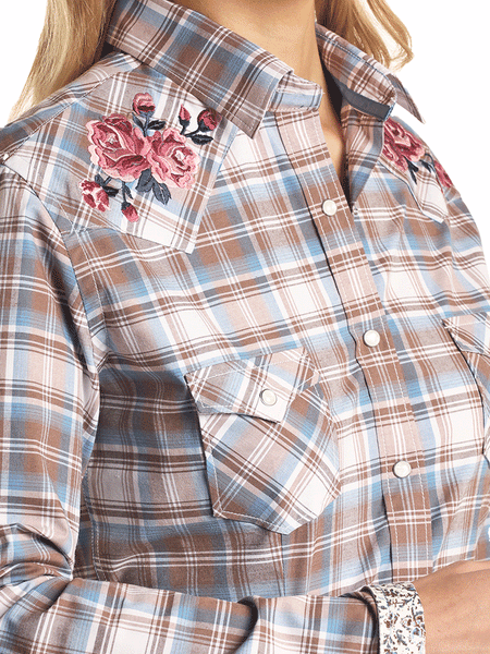 Panhandle R4S3271 Womens Long Sleeve Shirt Plaid Taupe collar and pocket detail. If you need any assistance with this item or the purchase of this item please call us at five six one seven four eight eight eight zero one Monday through Saturday 10:00a.m EST to 8:00 p.m EST